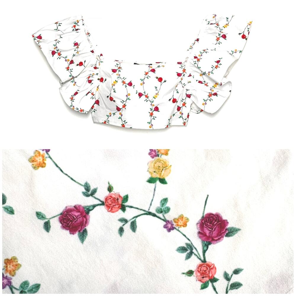 Zara Floral Ruffle Sleeve Crop Top Womens S | Romantic Cottagecore Boho
